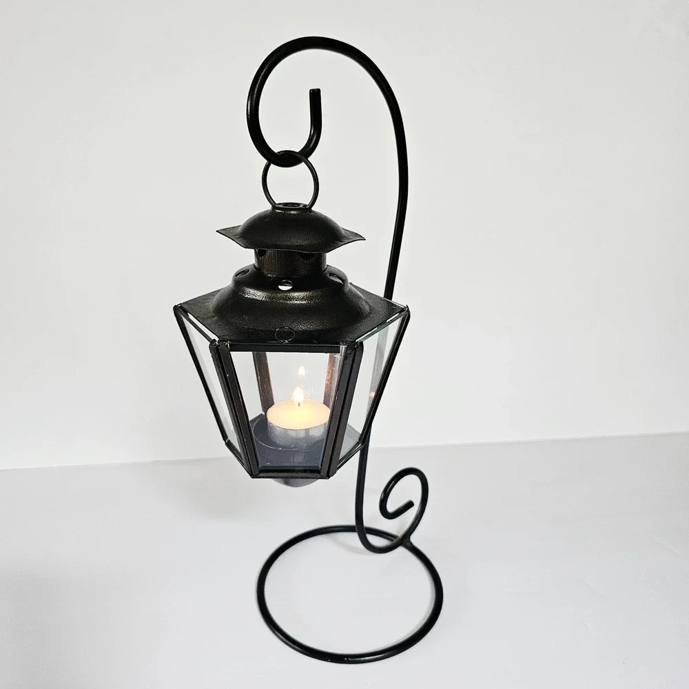 Vintage Indian Hanging Glass Lantern Black Metal Stand Gothic Witchy Home Decor